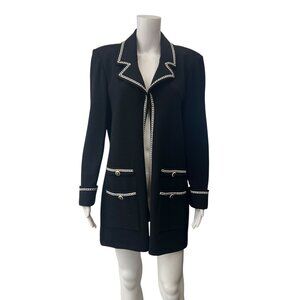 St. John Black White Embroidered Santana Knit Suit Jacket size 10